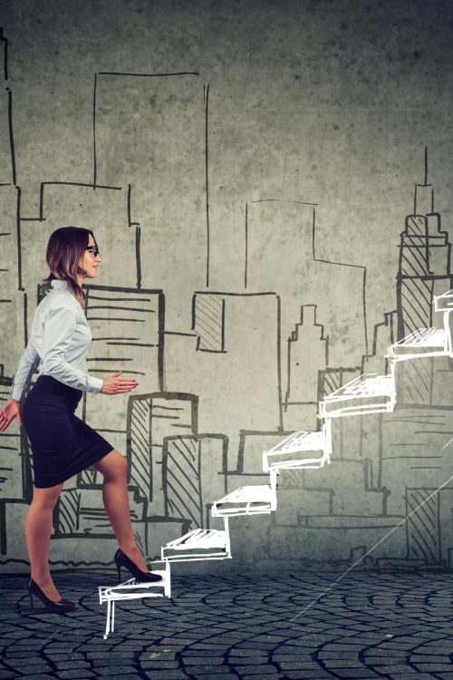 A businesswoman stepping up drawn stairs against a sketched city skyline, illustrating self-employment as a powerful engine for sales growth.