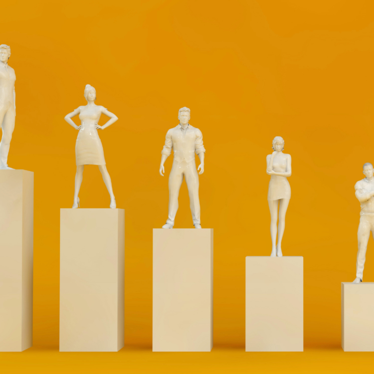 3D figures standing on pedestals of varying heights, representing diverse candidate profiles who thrive in flexible sales roles.