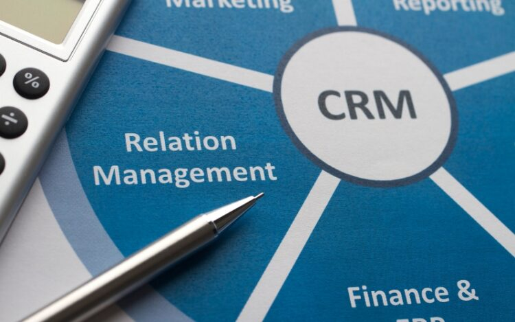 A relationship management diagram showing a central CRM wheel, representing essential tools for managing a hybrid sales team.