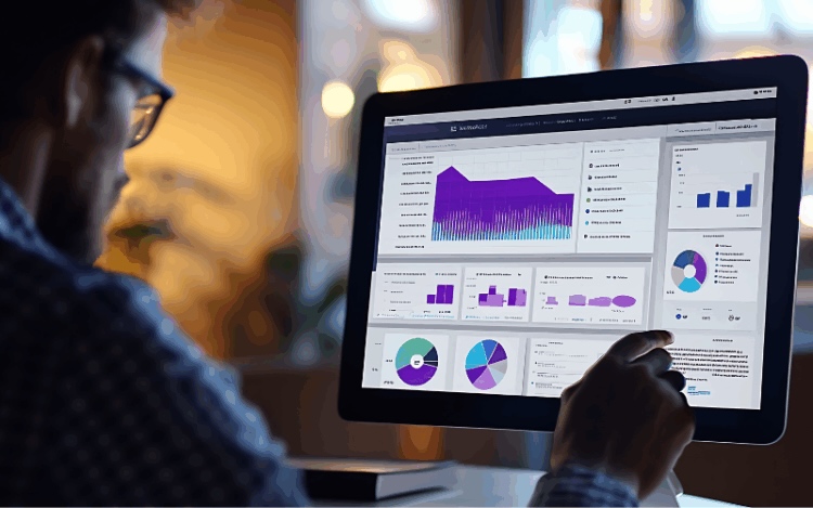 A sales manager analyzing CRM pipeline analytics and data dashboards, illustrating data-driven sales teams.