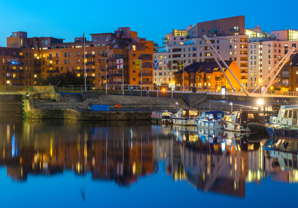 Leeds city centre waterfront at dusk