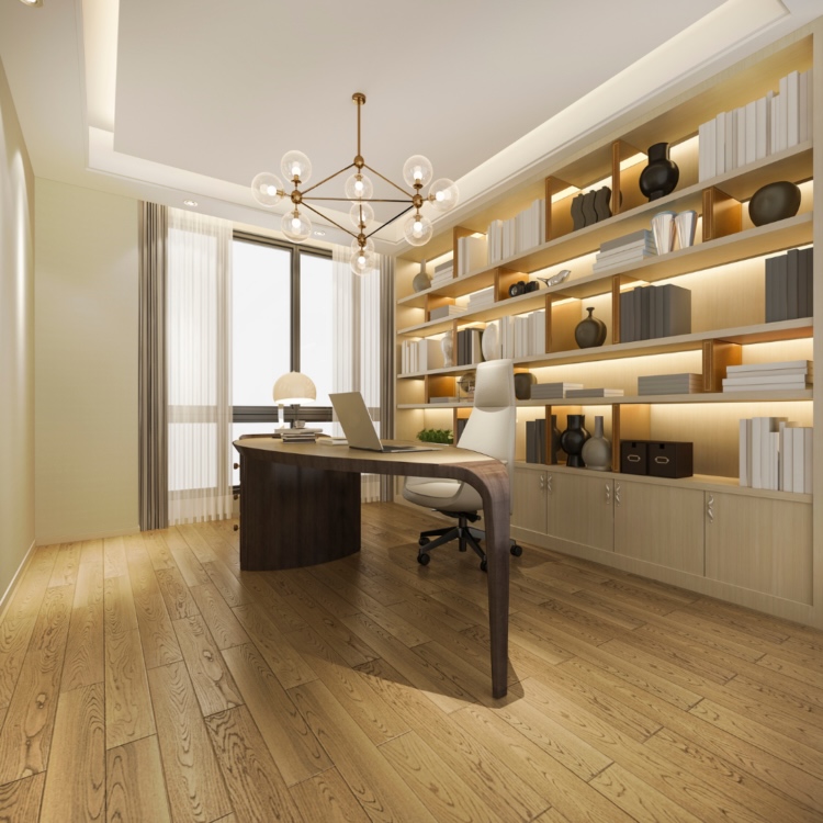 A luxury bespoke fitted home office with custom integrated wooden shelving, an executive desk, and warm ambient lighting.