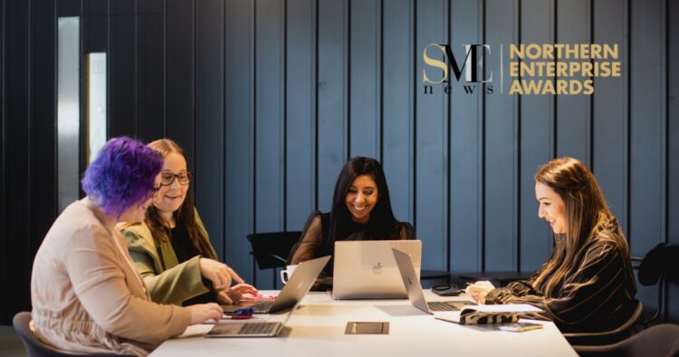 Citrus Connect Founder Leena Parmar and her recruitment team collaborating at a conference table with laptops, displaying the SME News Northern Enterprise Awards logo.