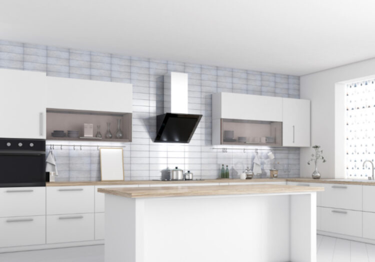 A modern white kitchen render illustrating the technical skills vetted in design-led sales recruitment for the KBB sector.