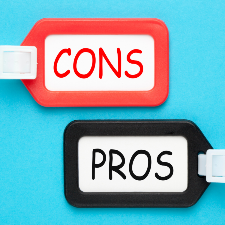 Two luggage tags displaying the words pros and cons side by side against a solid blue background.