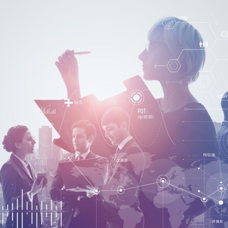 An abstract visualization of corporate professionals and recruitment strategy metrics overlaid on a city backdrop.