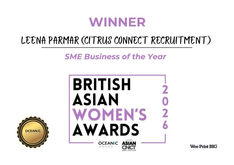 Winner graphic for Leena Parmar of Citrus Connect Recruitment, named SME Business of the Year at the British Asian Women's Awards 2026.